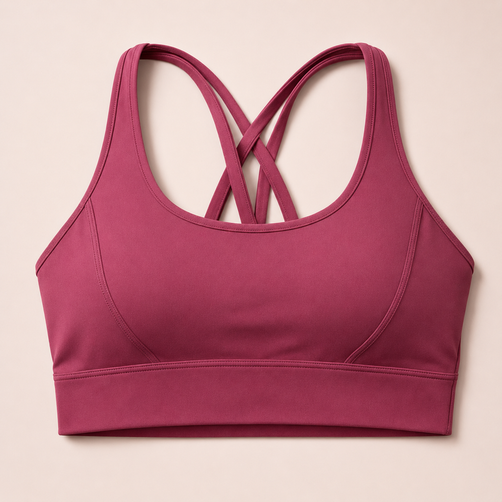 Brassière de sport AURA Berry Rose GLIIMA présentée à plat, avec fines bretelles croisées dans le dos.